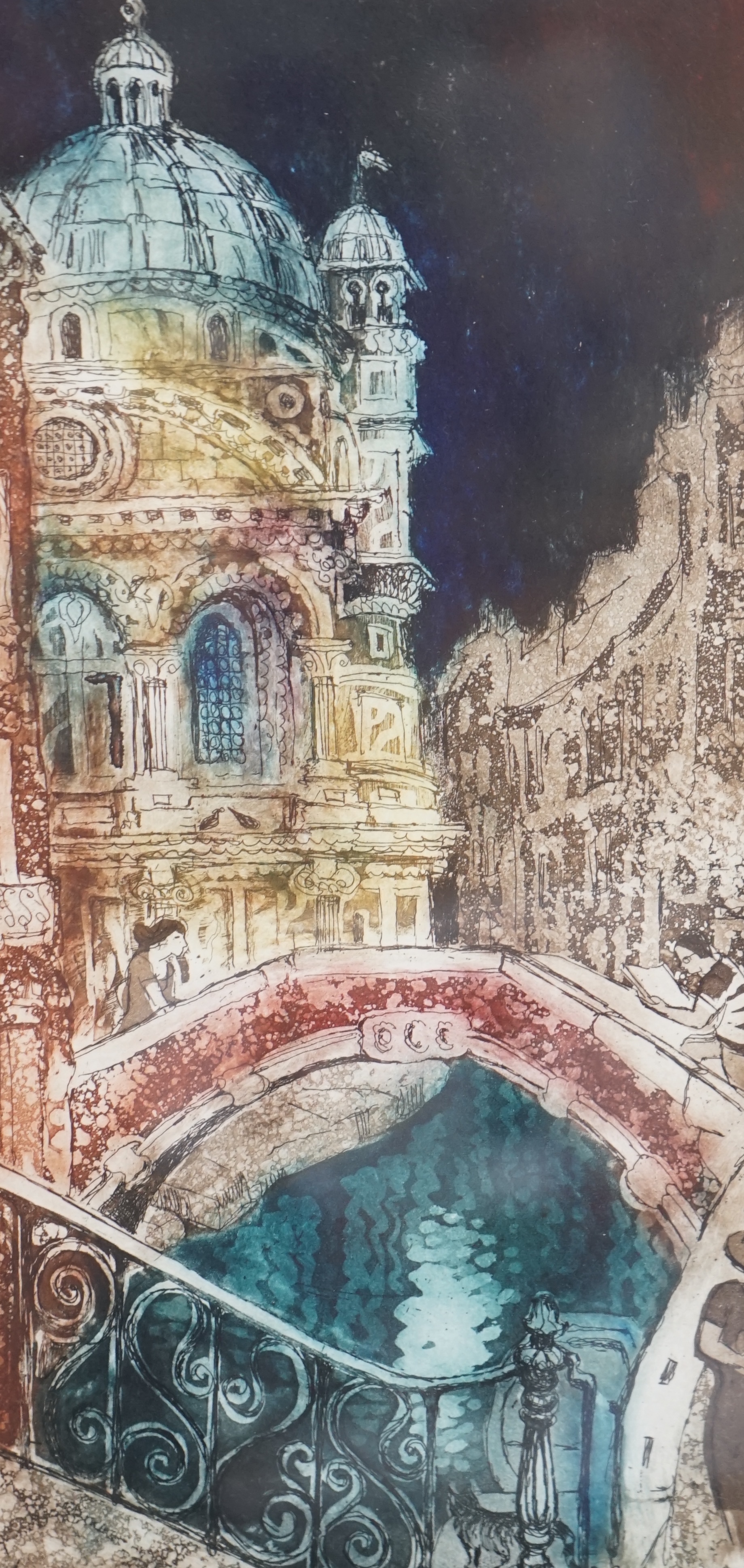 Jenny Sanders, four colour etchings, Venetian scenes including ‘St. Mark's, Venice’ and ‘Castello Sestiere’, each pencil signed and limited edition, largest 31 x 16cm. Condition - good